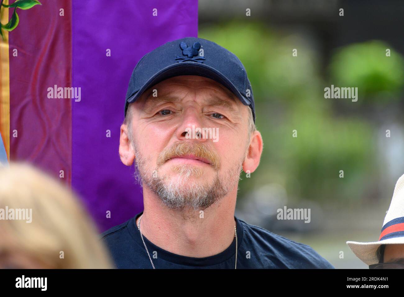 Simon Pegg (attore inglese) ad un evento AZIONARIO a Leicester Square a sostegno dello sciopero degli attori americani SAG-AFTRA il 21 luglio 2023 Foto Stock