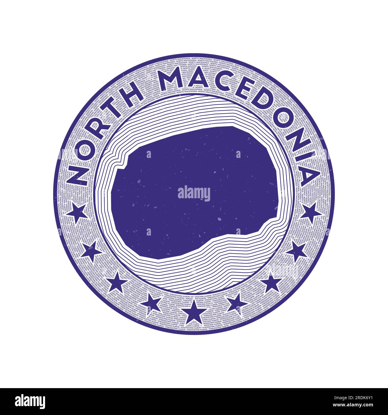 Vettore del badge rotondo Macedonia. Francobollo rotondo con forma di Macedonia del Nord, isolini e nome circolare del paese. Emblema sorprendente. Illustrazione Vettoriale