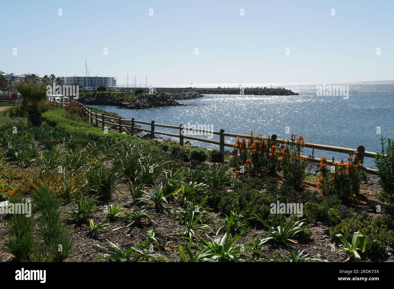 Vivace quartiere fronte mare con letto a fiori e romantica baia blu con spiaggia di pietra. Foto Stock