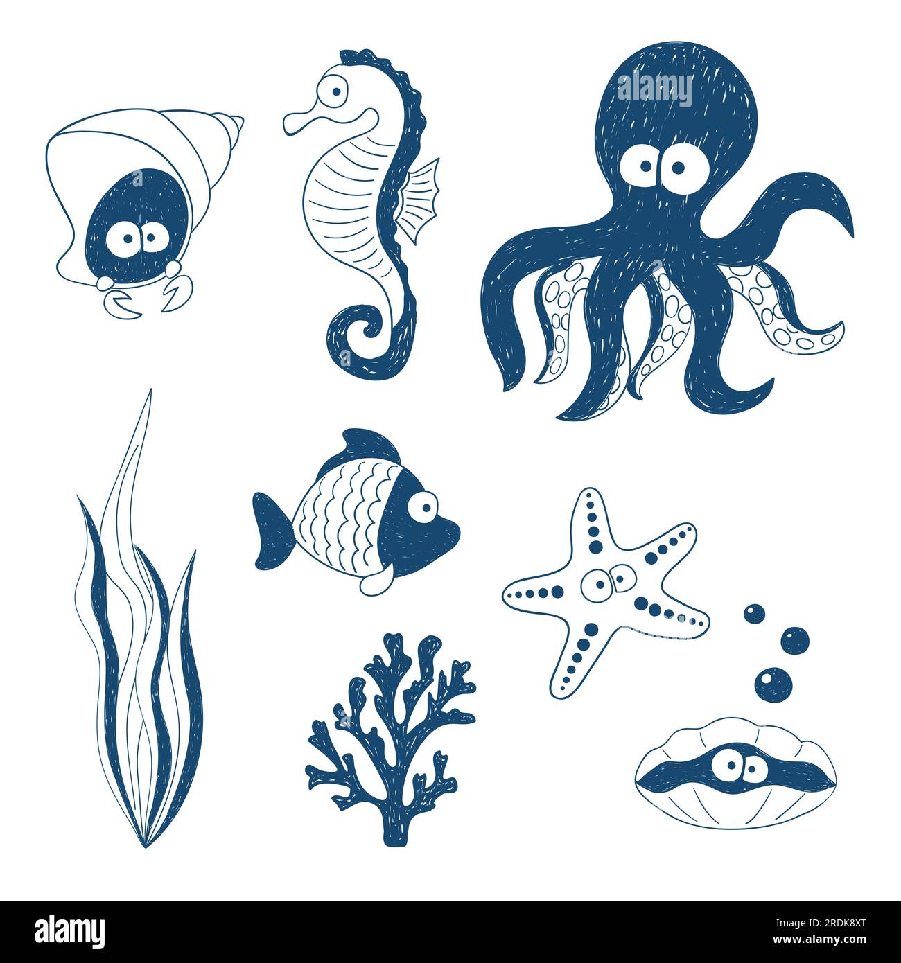 Carino set di animali marini. Disegni dei bambini Doodle. Illustrazione vettoriale. Illustrazione Vettoriale