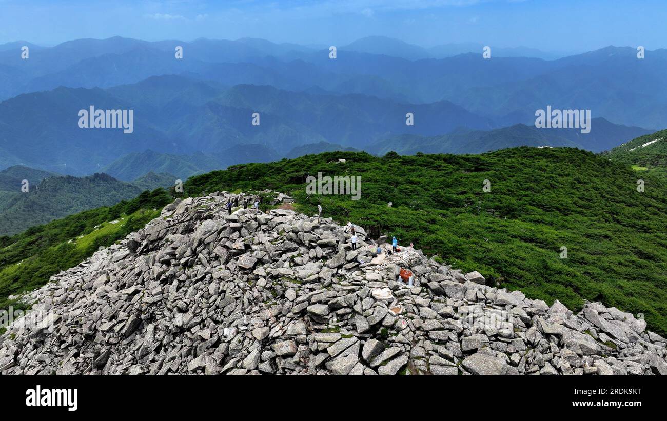 XI'an. 21 luglio 2023. Questa foto aerea scattata il 21 luglio 2023 mostra i visitatori che raggiungono la vetta di Bingjing, il punto più alto del Parco Nazionale forestale di Zhuque a Xi'an, nella provincia dello Shaanxi della Cina nord-occidentale. Il parco, situato nel corso superiore del fiume Laohe orientale e nel nord dei monti Qinling, copre un'area di 2.621 ettari, e il suo punto più alto il picco Bingjing ha un'altitudine di 3.015 metri. Lungo la strada che conduce alla vetta si possono ammirare paesaggi incredibili come la foresta vergine, i resti di ghiacciai e il mare nuvoloso. Crediti: Liu Xiao/Xinhua/Alamy Live News Foto Stock