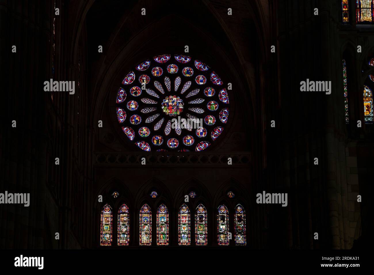 L'eccezionale rosone della cattedrale di Santa María de Regla de León è senza dubbio il simbolo più famoso della città. La storia inizia nel decimo Foto Stock