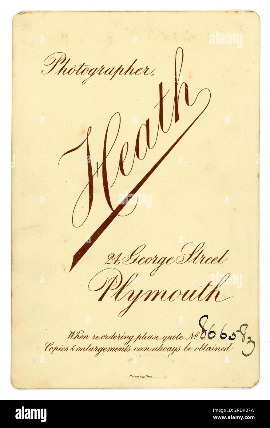 Tessera originale vittoriana, circa 1894. Dallo studio di William Heath, Plymouth, Devon, Inghilterra, Regno Unito Foto Stock