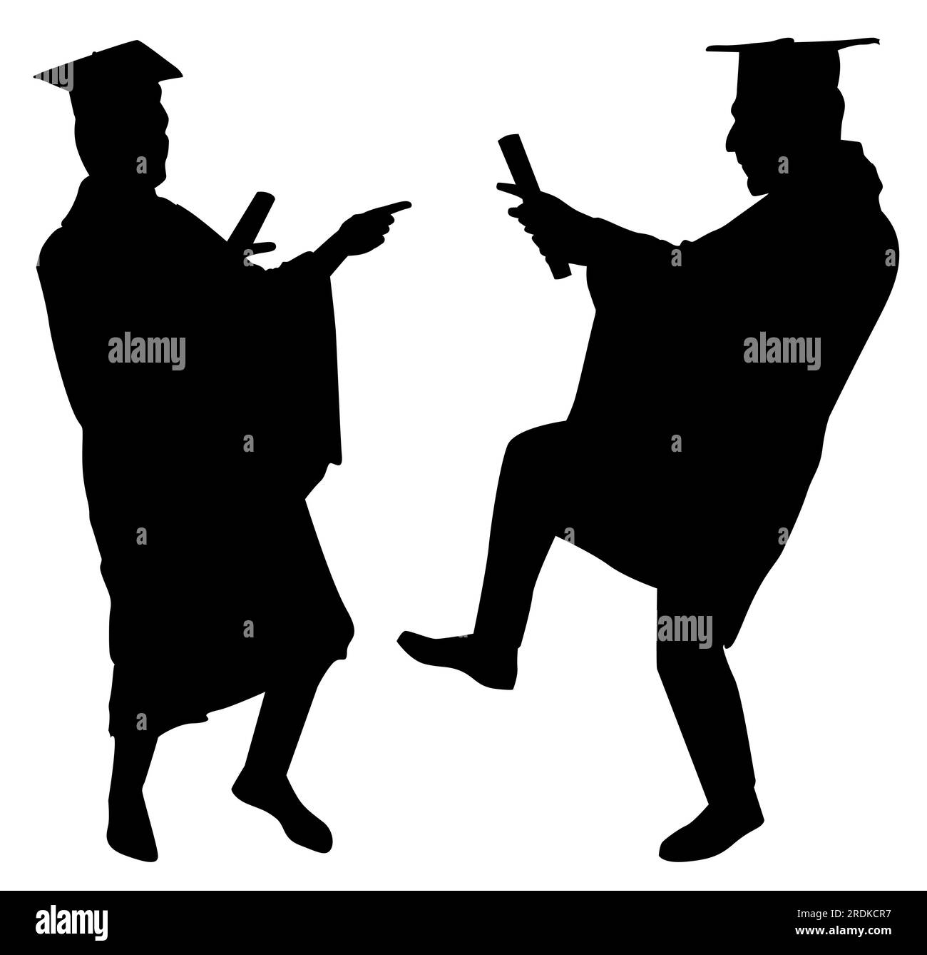 Sagome vettoriali per due persone, evento di celebrazione della laurea. Illustrazione isolata su sfondo bianco. Illustrazione Vettoriale