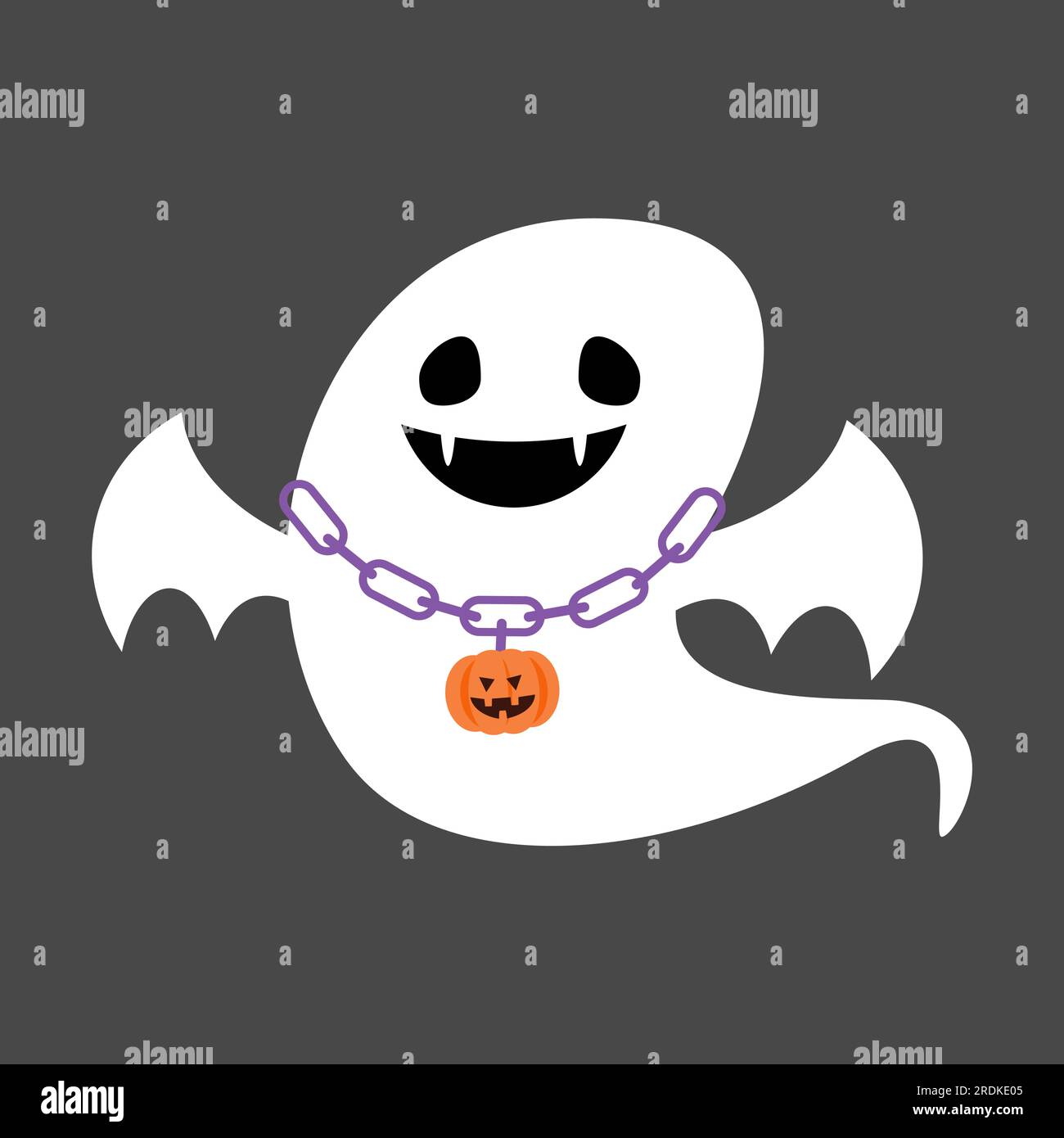 Grazioso fantasma bianco indossa collana di zucca. Personaggio dei cartoni animati di Halloween . Design piatto . Vettore . Illustrazione Vettoriale