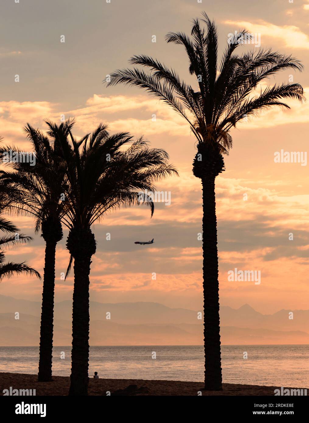 Torremolinos, Costa del Sol, Provincia di Malaga, Andalusia, Spagna meridionale. Alba. Vista sulle palme della baia di Malaga dalla spiaggia di Playamar con aeropla Foto Stock