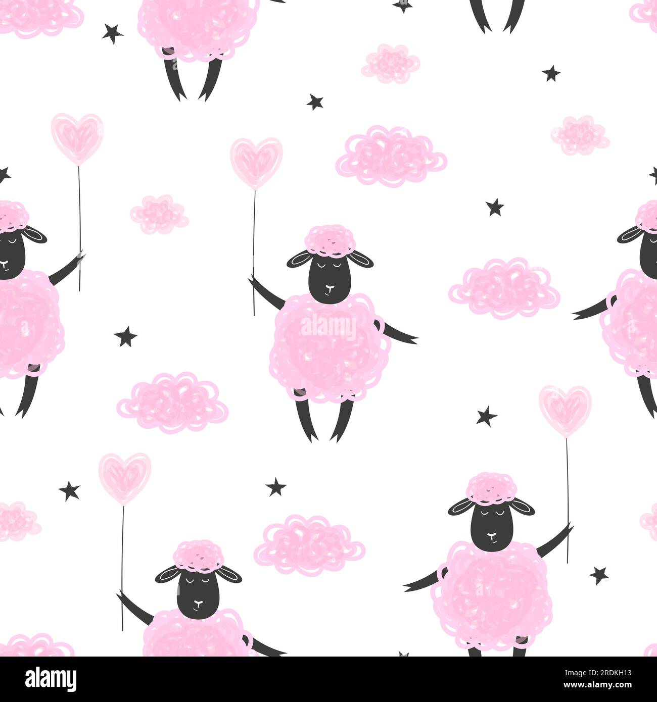 Modello senza cuciture con graziose pecore rosa e nuvole. Illustrazione Vettoriale