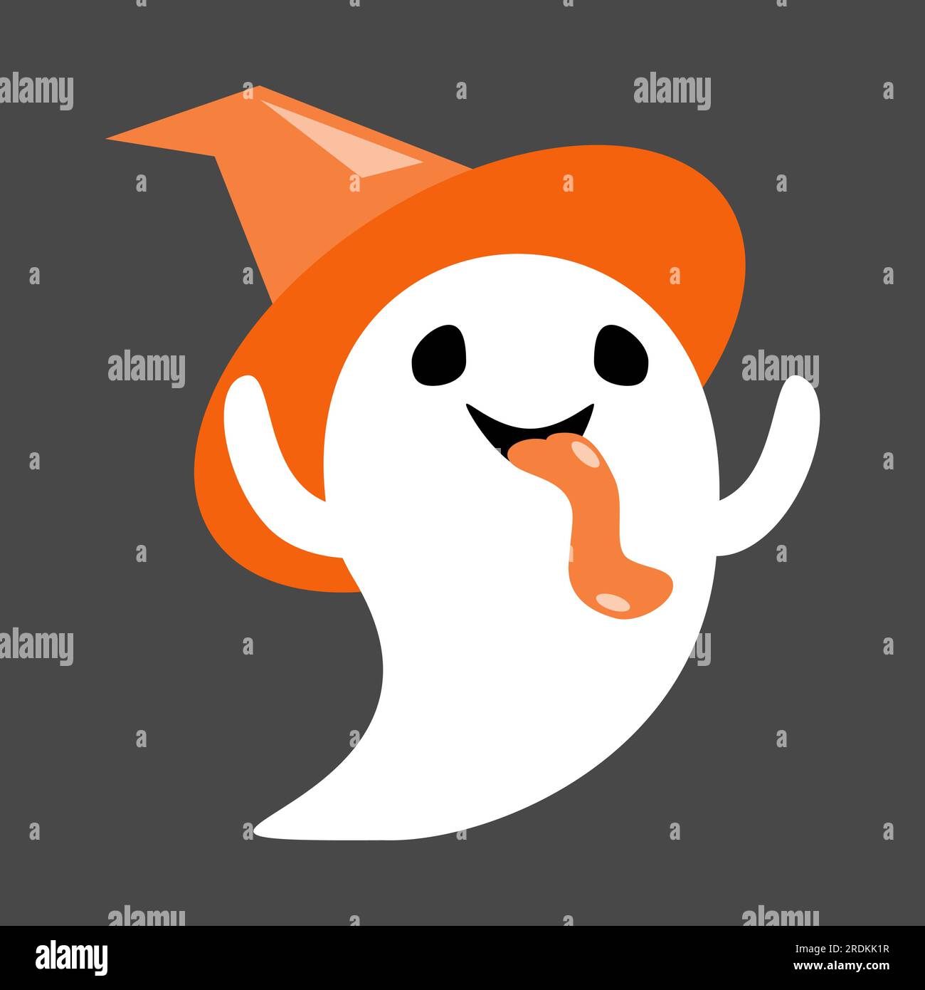 Carino fantasma bianco indossa un cappello da strega e stappi la lingua fuori. Personaggio dei cartoni animati di Halloween . Design piatto . Vettore . Illustrazione Vettoriale