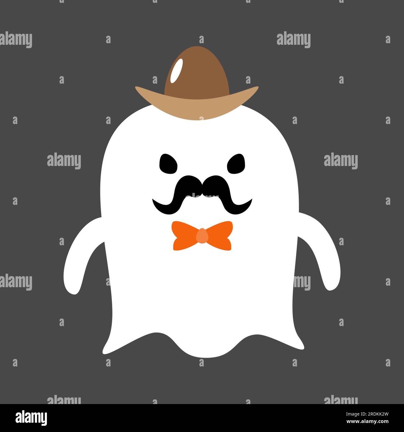 Il fantasma bianco carino indossa cappello e cravatta da fiocco. Personaggio dei cartoni animati di Halloween . Design piatto . Vettore . Illustrazione Vettoriale