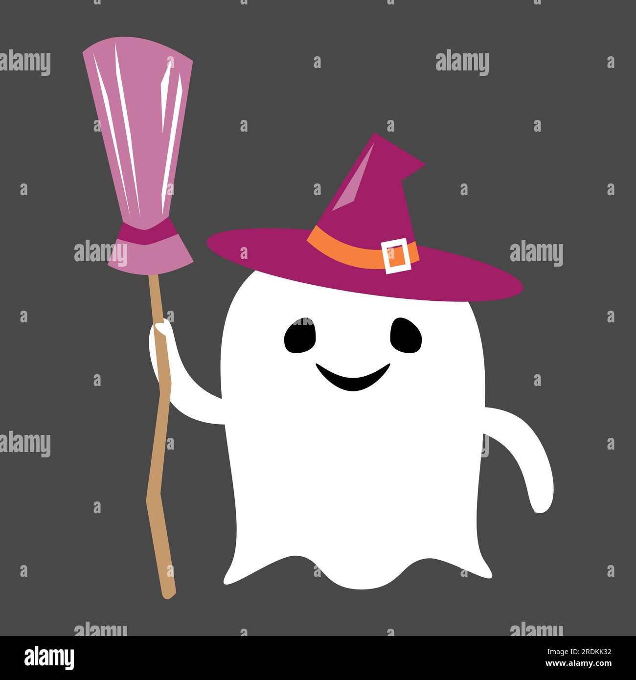 Il fantasma bianco carino indossa un cappello da strega e tiene la scopa. Personaggio dei cartoni animati di Halloween . Design piatto . Vettore . Illustrazione Vettoriale