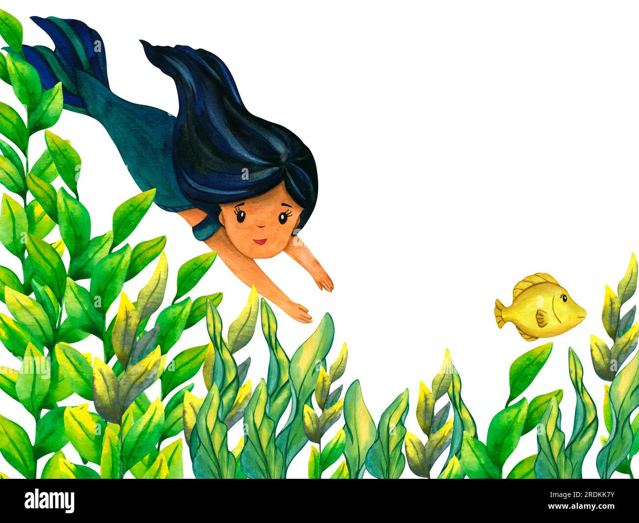 Cornice di alghe acquerelli con sirena e pesci tropicali. Pianta marina isolata su sfondo bianco. Illustrazioni botaniche dipinte a mano Foto Stock