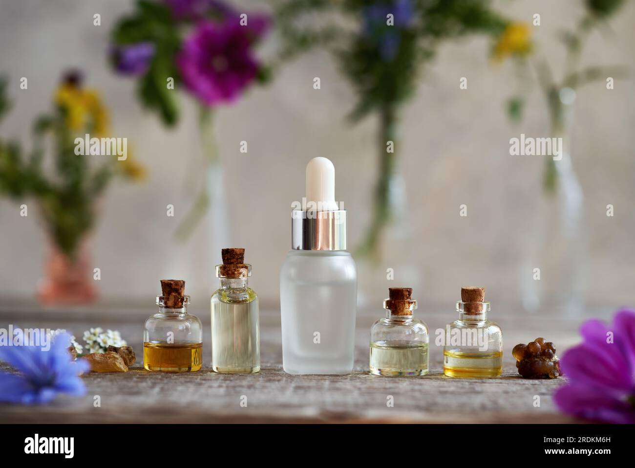 Diverse bottiglie di oli essenziali per aromaterapia con incenso, erbe e fiori Foto Stock