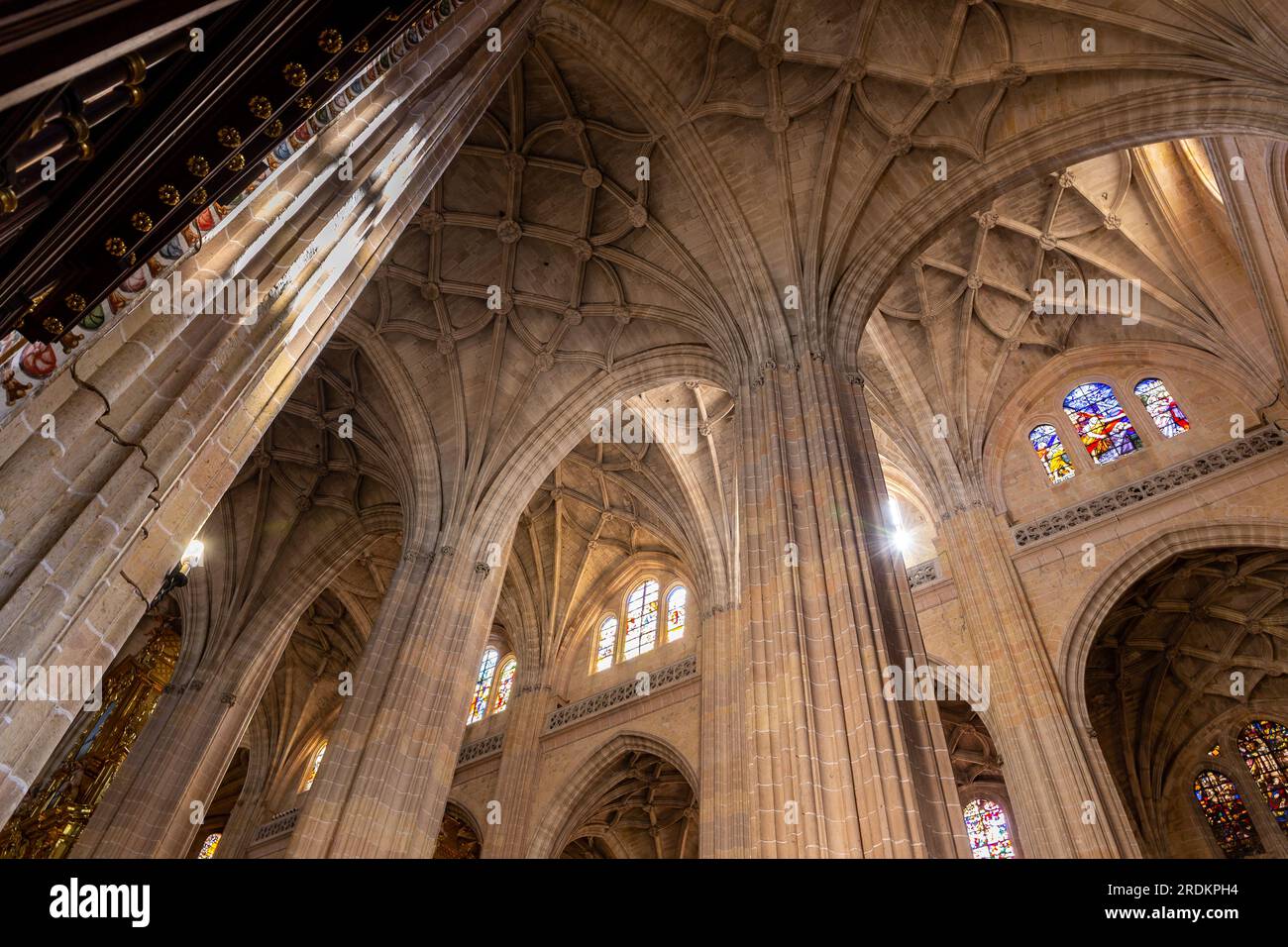 Cattedrale di Segovia vista interna delle volte gotiche decorative, vetrate e colonne, Segovia, Spagna. Foto Stock