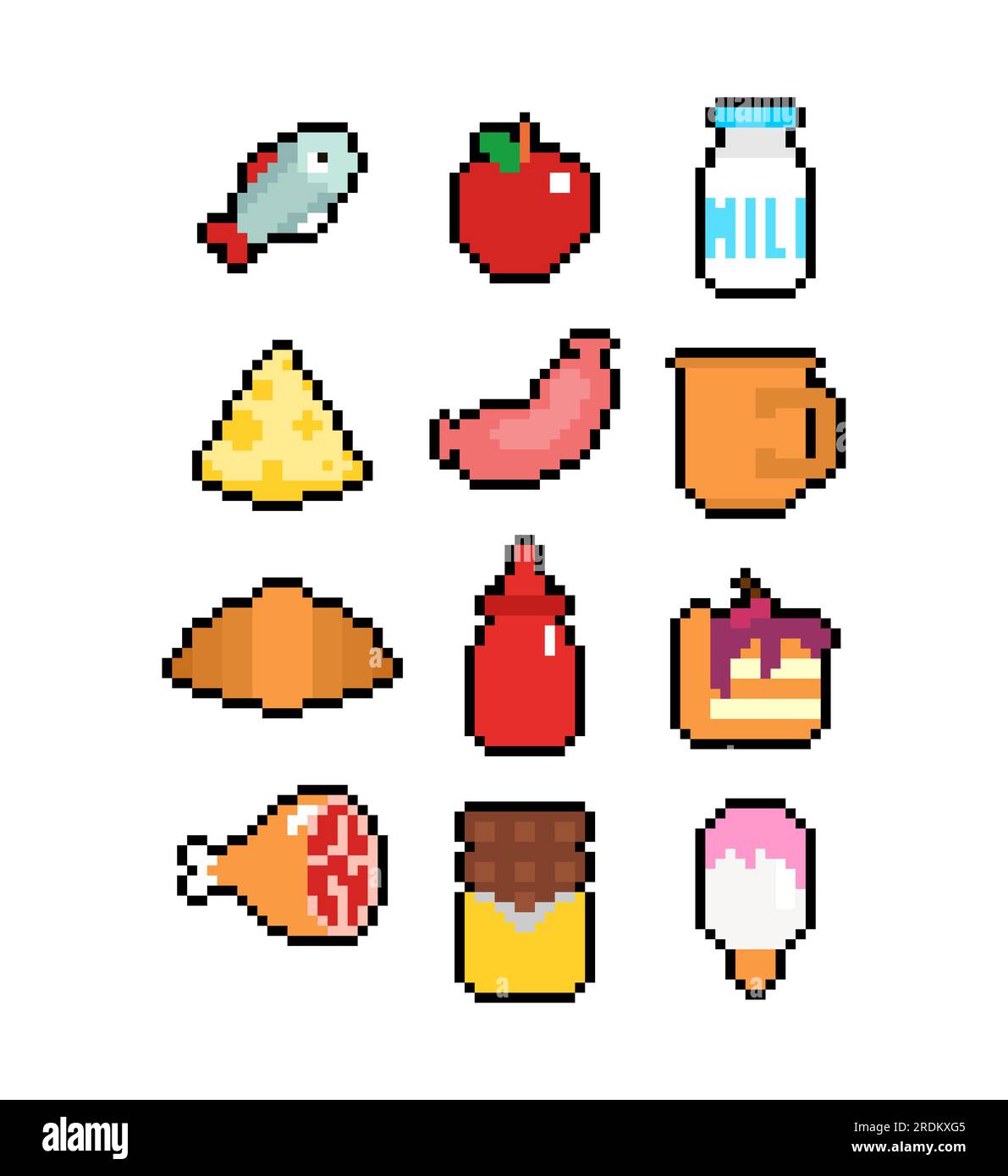 Pixel art set icona cibo. segno pixelato del cibo. Simbolo a 8 bit per applicazioni mobili Illustrazione Vettoriale