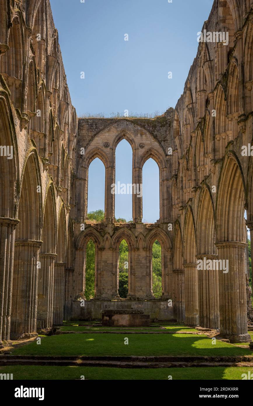 Le rovine dell'abbazia cistercense di Rievaulx nel North Yorkshire, Regno Unito Foto Stock