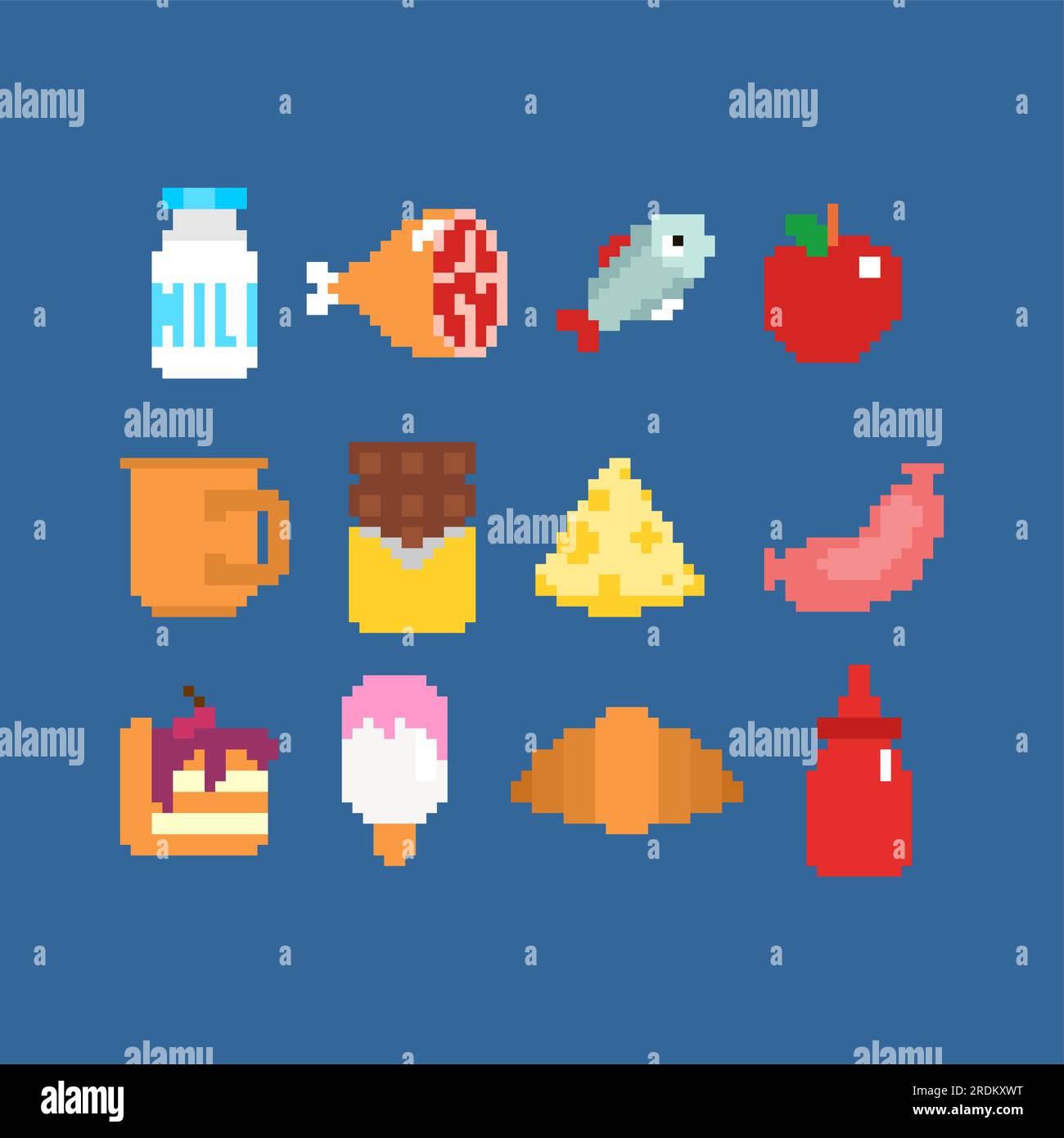 Pixel art set icona cibo. segno pixelato del cibo. Simbolo a 8 bit per applicazioni mobili Illustrazione Vettoriale