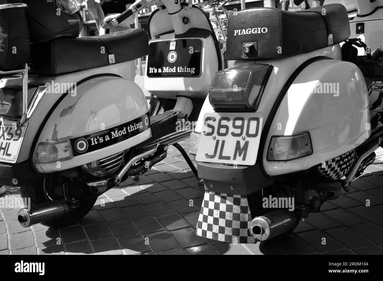 Primo piano di uno scooter mod d'epoca, immagine iconica degli anni '60 e '70 Foto Stock