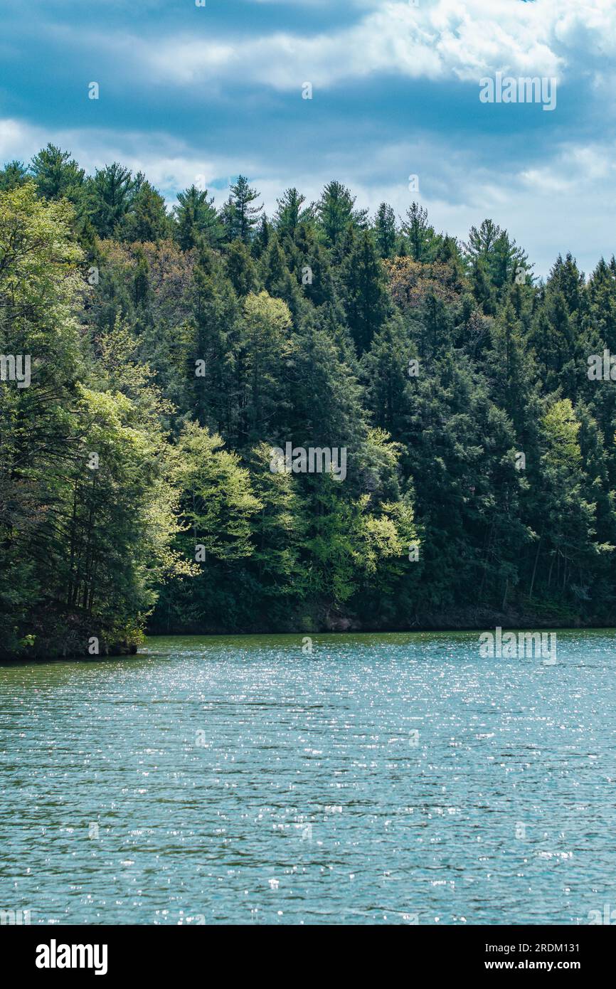 Lago primaverile clima perfetto paesaggio montano del lago, copia spazio immagine di sfondo. Foto Stock