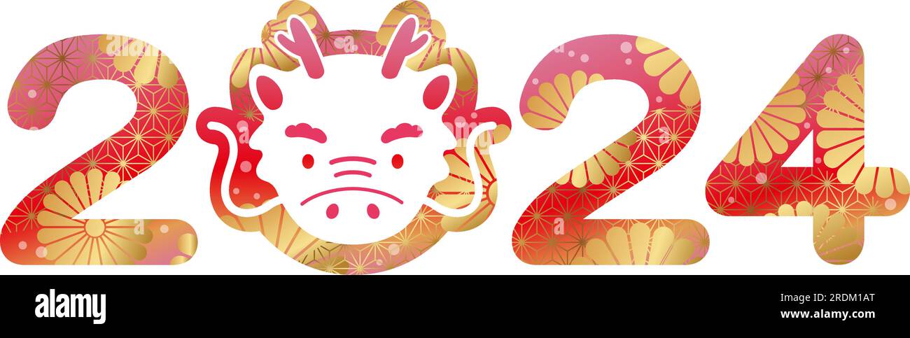 The Year 2024, Year of the Dragon, New Year Greeting Symbol con Un volto drago cartoni animati e motivi vintage giapponesi. Illustrazione vettoriale isolata Illustrazione Vettoriale