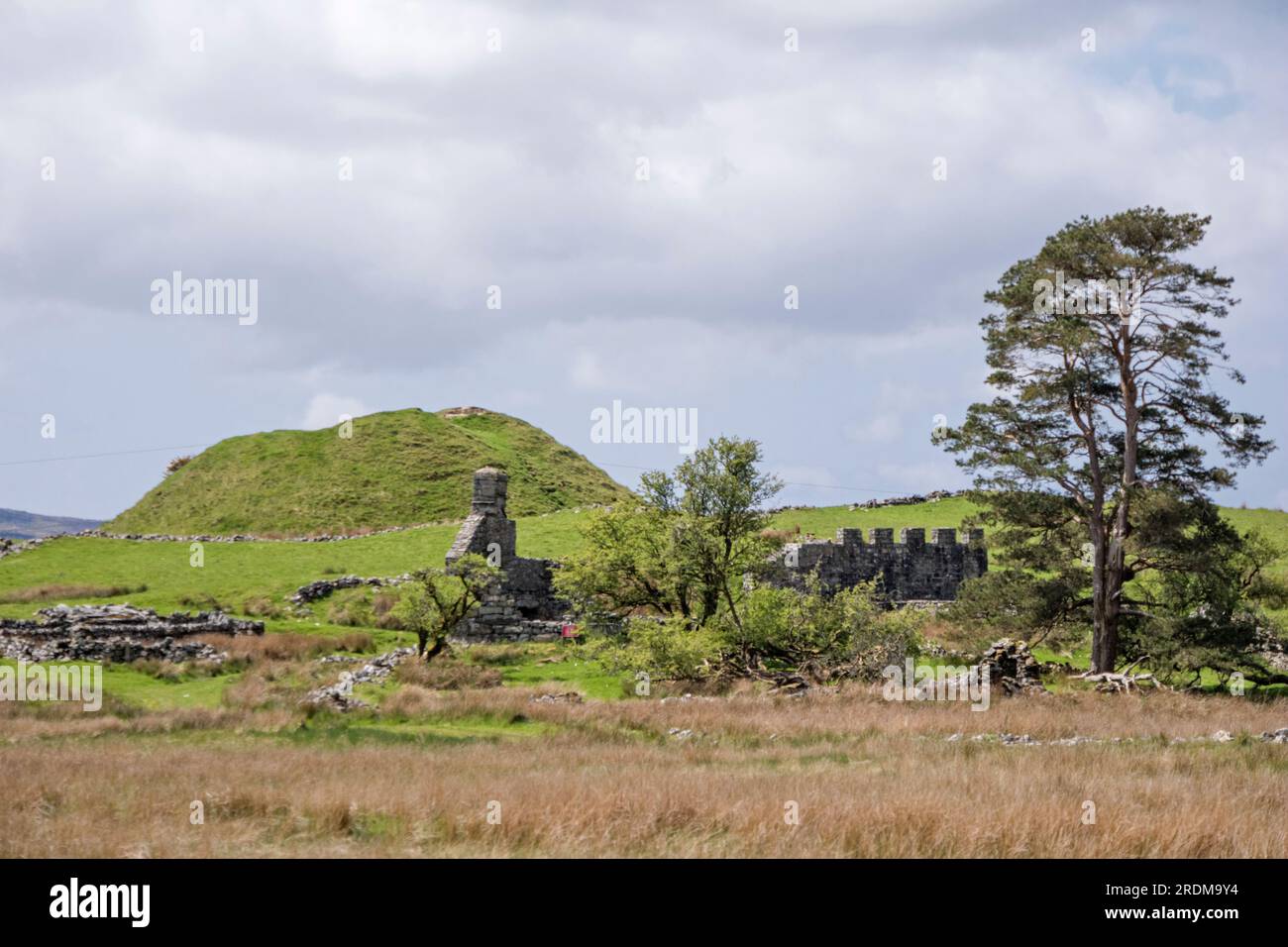 Un castello normanno motte (c1095) all'interno del confine di Tomen y Mur (140 d.C.) un forte romano vicino a Trawsfynydd, Galles del Nord Foto Stock