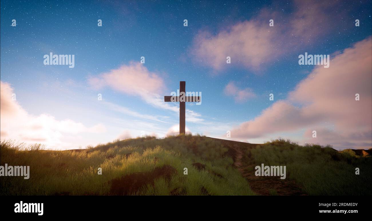 Una croce sulla collina con le nuvole che si muovono sul cielo stellato blu. Pasqua, resurrezione, nuova vita, concetto di redenzione. Foto Stock