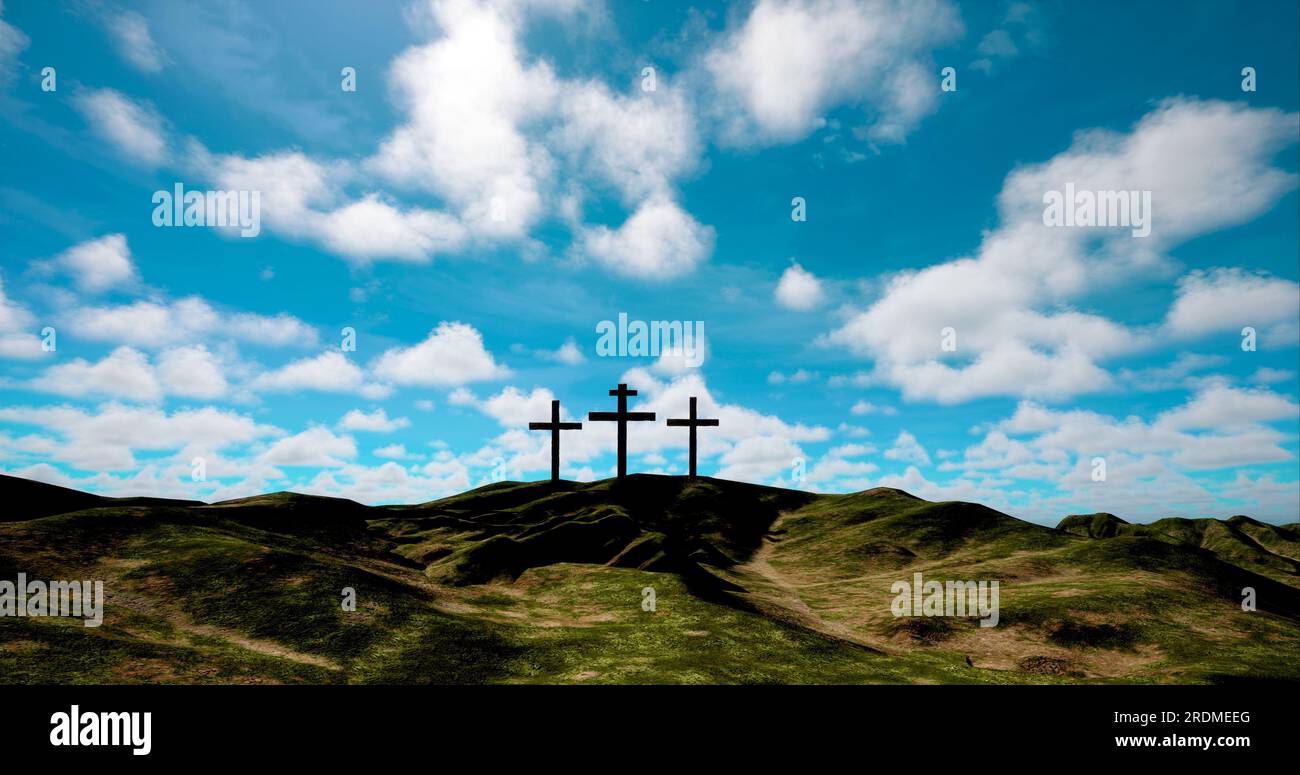 Tre croci sulla collina con nuvole che si muovono su un cielo stellato blu. Pasqua, resurrezione, nuova vita, concetto di redenzione. Foto Stock