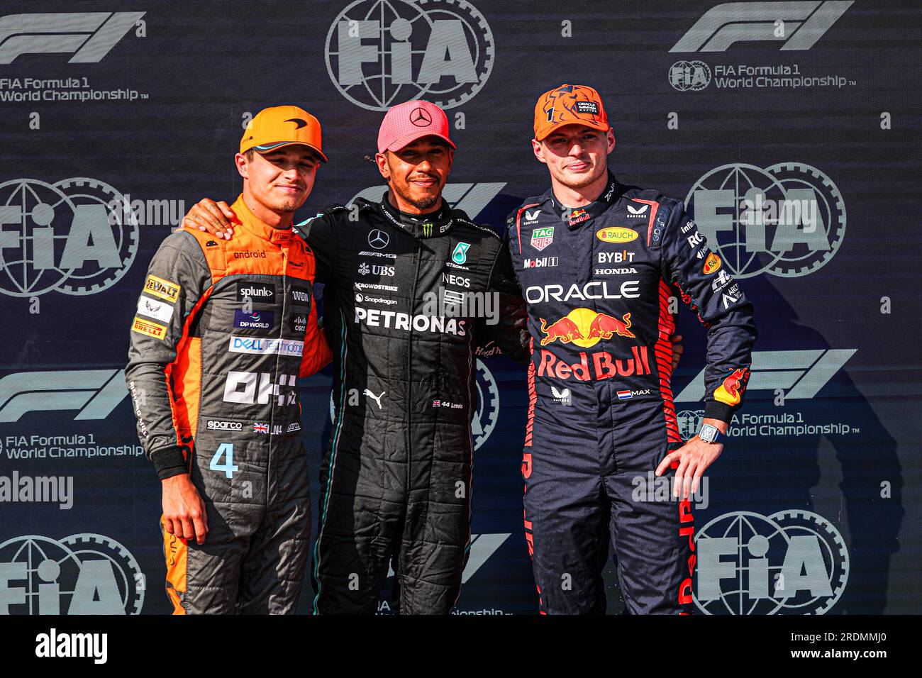 Budapest, Rieti, Ungheria. 21 luglio 2023. Top3 qualificazione: Da sinistra a destra: Lando Norris (GBR) McLaren MCL60 Lewis Hamilton (GBR) Mercedes W14 e Performance Max Verstappen (NED) Redbull Racing RB19. Durante la sessione di qualificazione di sabato 22 luglio FORMULA 1 QATAR AIRWAYS GRAN PREMIO D'UNGHERIA 2023 - Lug 21 a Lug 23 2023 Hungaroring, Budapest, Ungheria (credito immagine: © Alessio De Marco/ZUMA Press Wire) SOLO USO EDITORIALE! Non per USO commerciale! Foto Stock