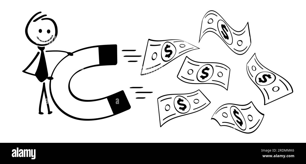 Uomo d'affari dei cartoni animati e icona della moneta cartacea degli stati uniti. Dollari vettoriali, banconote o banconote. Bollette per contanti e valuta. Banconote, finanza bancaria Foto Stock