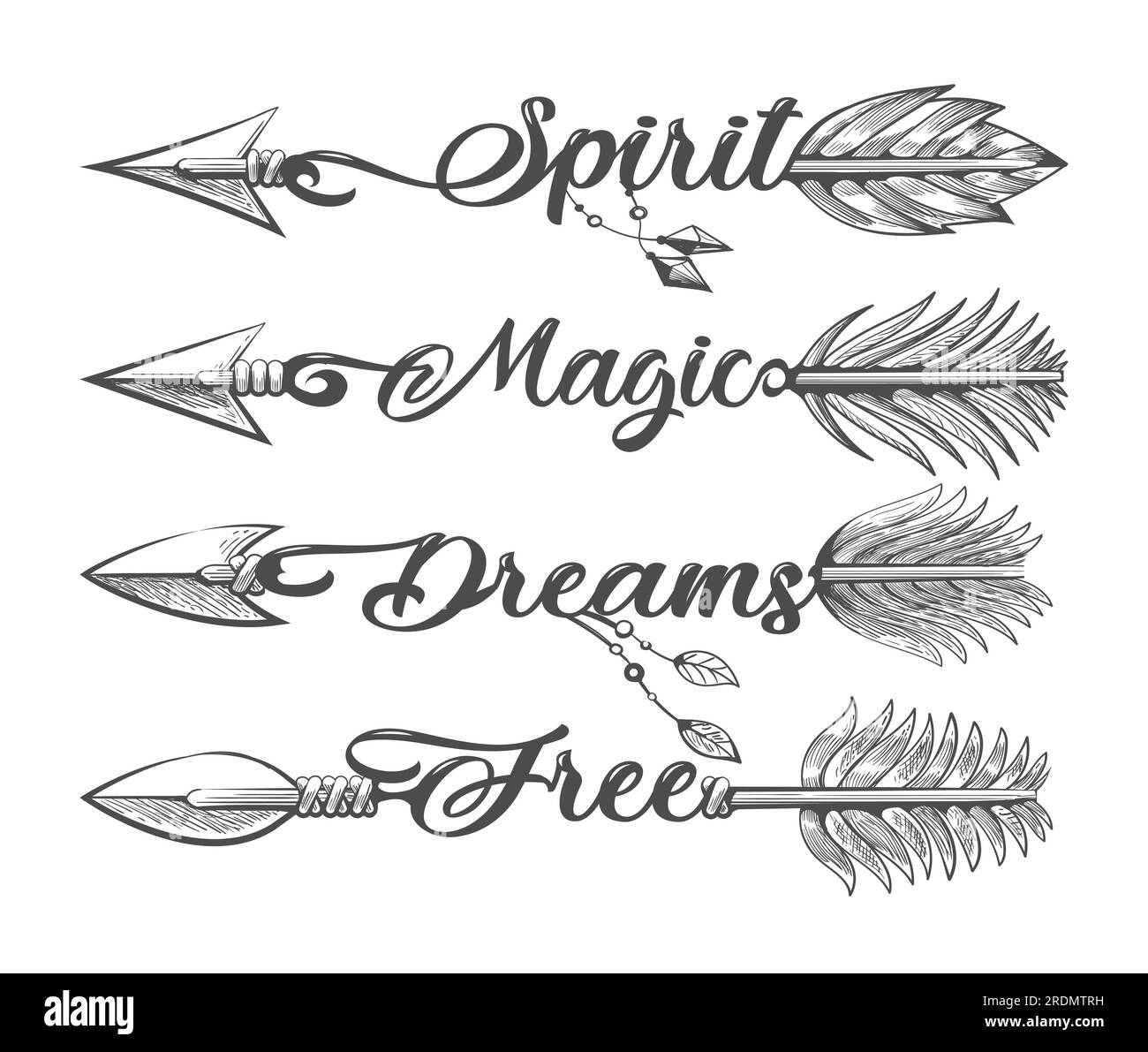 Set di frecce disegnate a mano con iscrizione Tribal Magic Spirit Dreams Free su sfondo bianco. Illustrazione vettoriale Illustrazione Vettoriale
