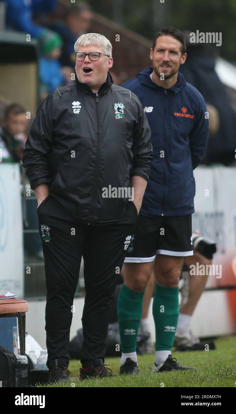 Blyth, Regno Unito. 22 luglio 2023. Il manager dei Blyth Spartans Graham Fenton durante la partita amichevole pre-stagionale tra Blyth Spartans AFC e Hartlepool United a Croft Park, Blyth sabato 22 luglio 2023. (Foto: Michael driver | mi News) crediti: MI News & Sport /Alamy Live News Foto Stock