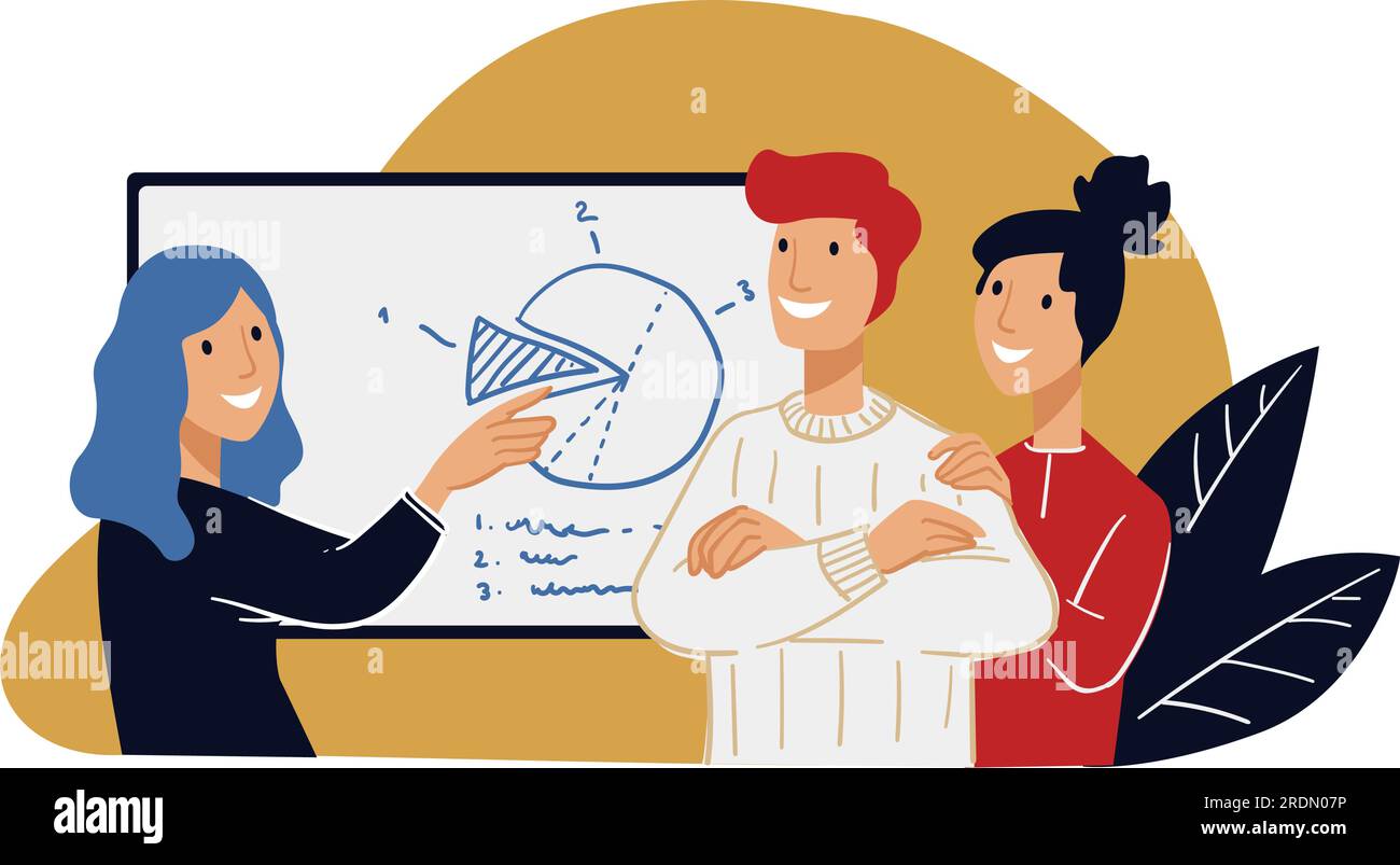 Carattere femminile che dà presentazione con idee di produttività e crescita del reddito. Collaborazione e collaborazione con i colleghi, brainstorming presso mee Illustrazione Vettoriale