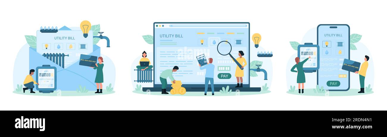 Illustrazione vettoriale del set di pagamento delle bollette. Cartoni animati le persone più piccole pagano per il consumo di elettricità, gas e acqua, il riscaldamento utilizzando le app mobili nel telefono e nel laptop, la ricevuta cartacea Illustrazione Vettoriale