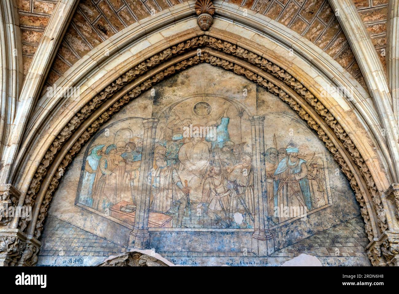 Dipinti murali nel Chiostro di Leon, Castiglia-León, Spagna. La Cattedrale di Santa María de Regla de Leon. Castilla León, Spagna. Il Santa Mar Foto Stock