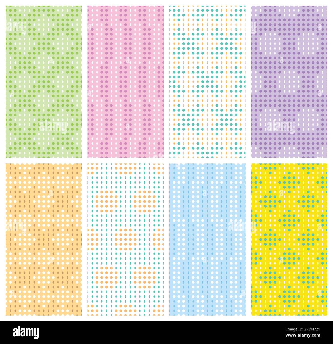 Motivi a punti colorati e ovali senza cuciture. Set di pattern vettoriali colorati che combinano elementi ovali e a forma di punto. Illustrazione Vettoriale