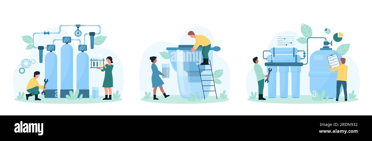 Illustrazione vettoriale del set di purificazione dell'acqua. Cartoon Tiny People ripara impianti di trattamento delle acque, verifica della qualità della filtrazione ad osmosi inversa, installazione e ispezione di enormi filtri da parte degli ingegneri Illustrazione Vettoriale