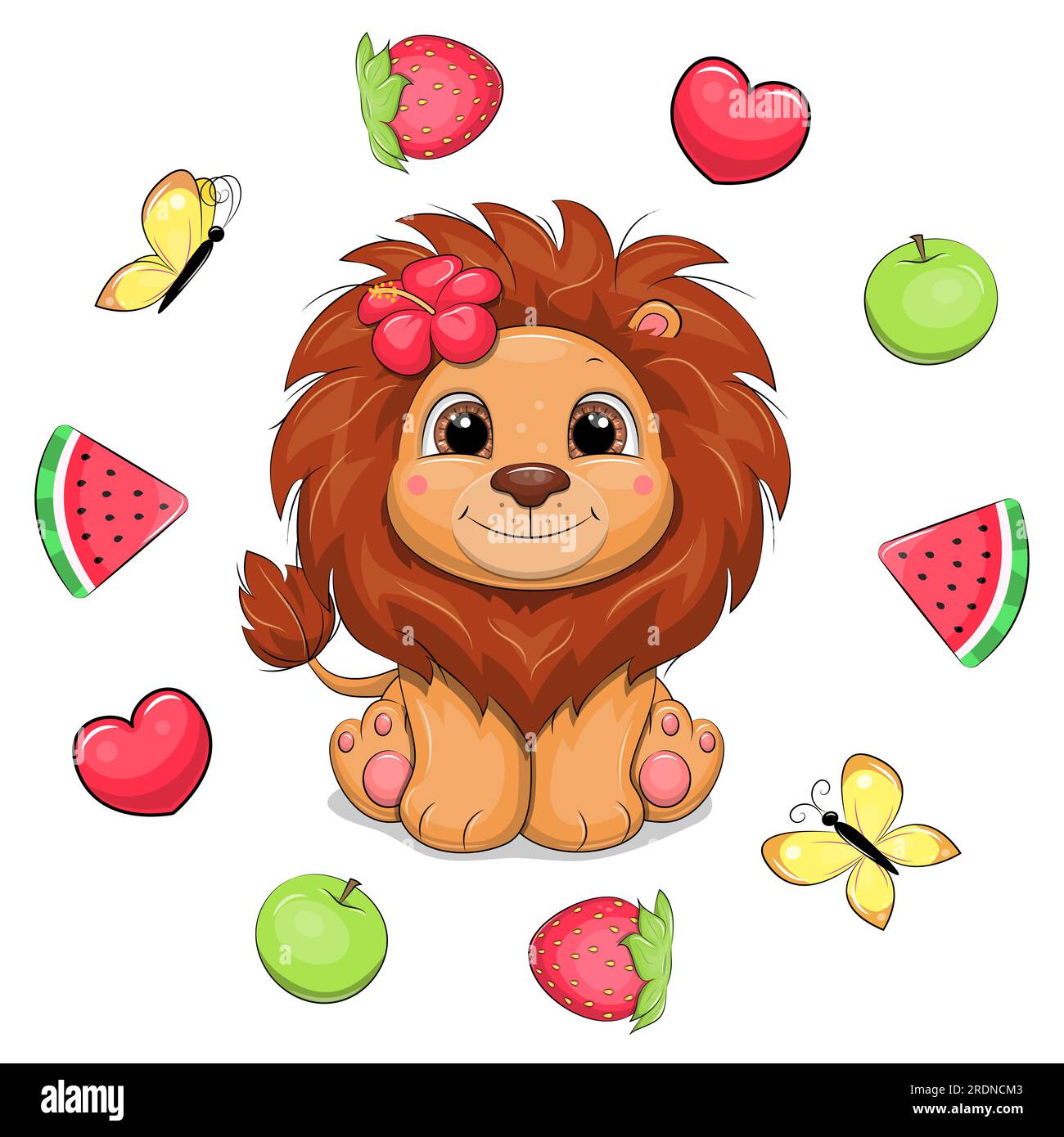 Carino leone da cartoni animati con un fiore tropicale in una cornice di frutta. Illustrazione vettoriale estiva di un animale con angurie, cuori rossi, mele verdi. Illustrazione Vettoriale