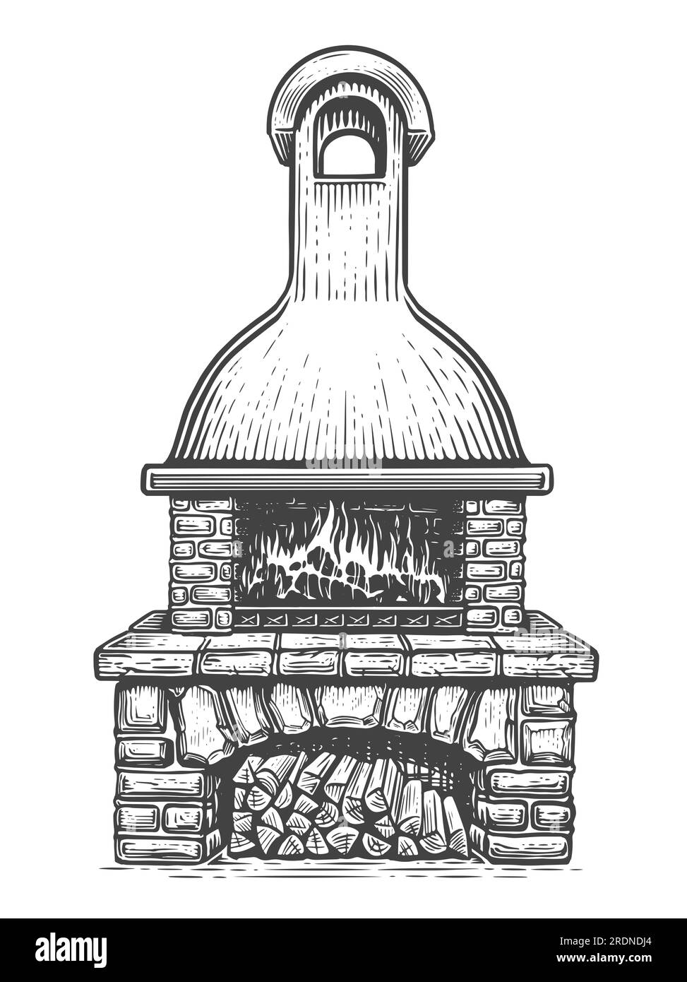 Stufa in pietra con fuoco e legna da ardere. Cucina del cibo alla griglia, disegno del barbecue illustrazione stile incisione vintage Foto Stock