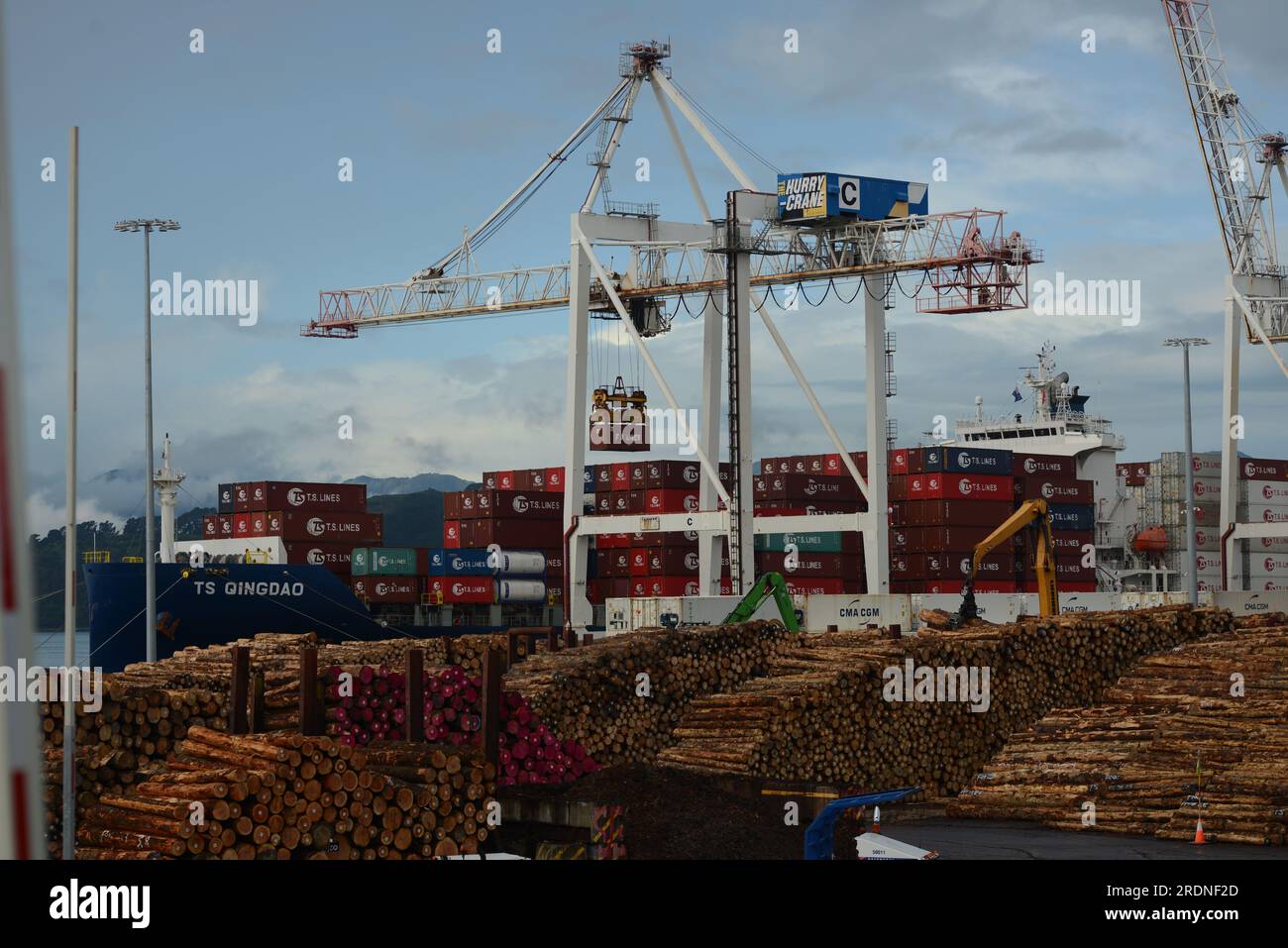 WELLINGTON, NUOVA ZELANDA, 16 MAGGIO 2023: La nave portacontainer TS Qingdao viene scaricata nel porto di Wellington Foto Stock