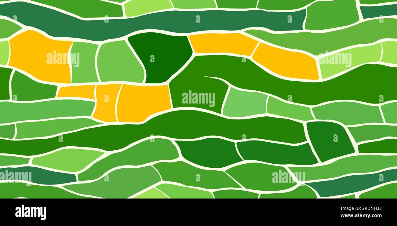 Vista dall'alto dei terreni agricoli con colture. Schema astratto e senza cuciture di campi agricoli di erba, orzo, frumento, segale, soia di mais. agric verde e giallo Illustrazione Vettoriale