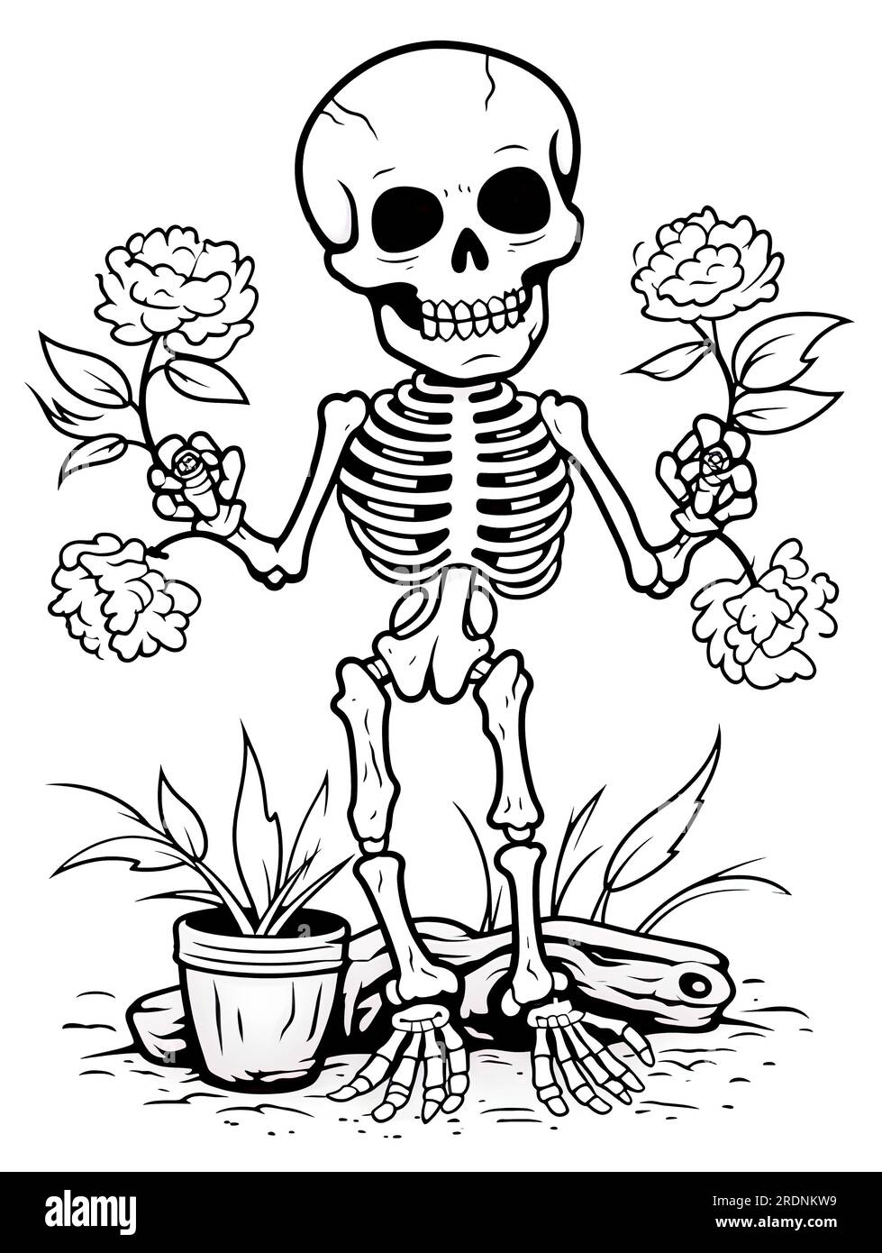 Pagina da colorare a tema Halloween con uno scheletro come soggetto Foto Stock