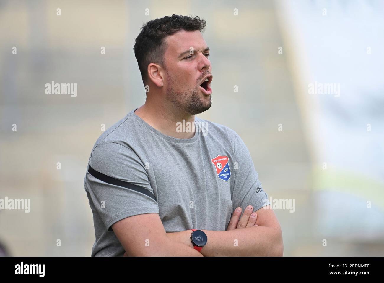 Coach Marc UNTERBERGER (Haching), immagine singola, motivo individuale tagliato, mezza figura, mezza figura. SpVgg Unterhaching - 1.FC Norimberga. Torneo di calcio blitz nell'Alpenbauer Sportpark Unterhaching il 22/07/2023. ? Foto Stock