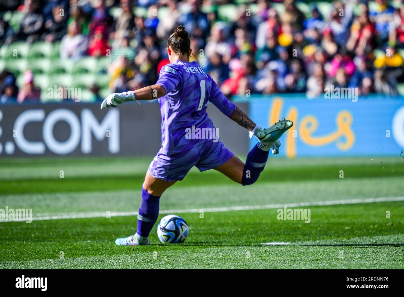 La portiere Kailen Sheridan (No.1) è in azione durante la partita della Coppa del mondo femminile FIFA 2023 tra Nigeria e Canada al Melbourne Rectangular Stadium. Punteggio finale Nigeria 0:0 Canada Foto Stock