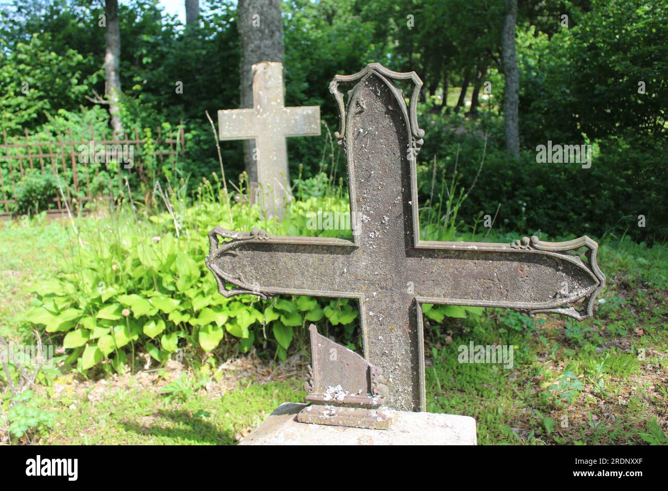 Una croce in un cimitero con un'altra sullo sfondo in un cimitero di Eglaine, in Lettonia Foto Stock