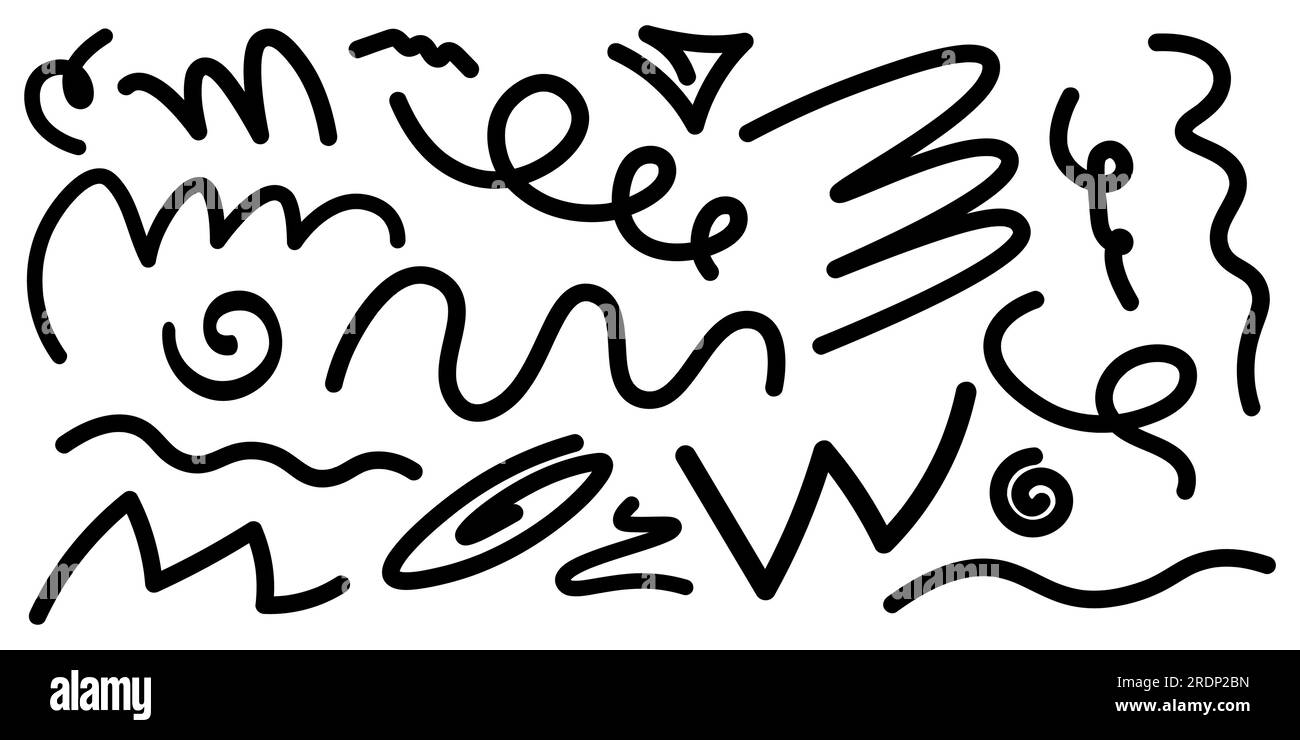 Set di squiggini. Linee ricci disegnate a mano. Raccolta vettoriale per la progettazione. Illustrazione Vettoriale