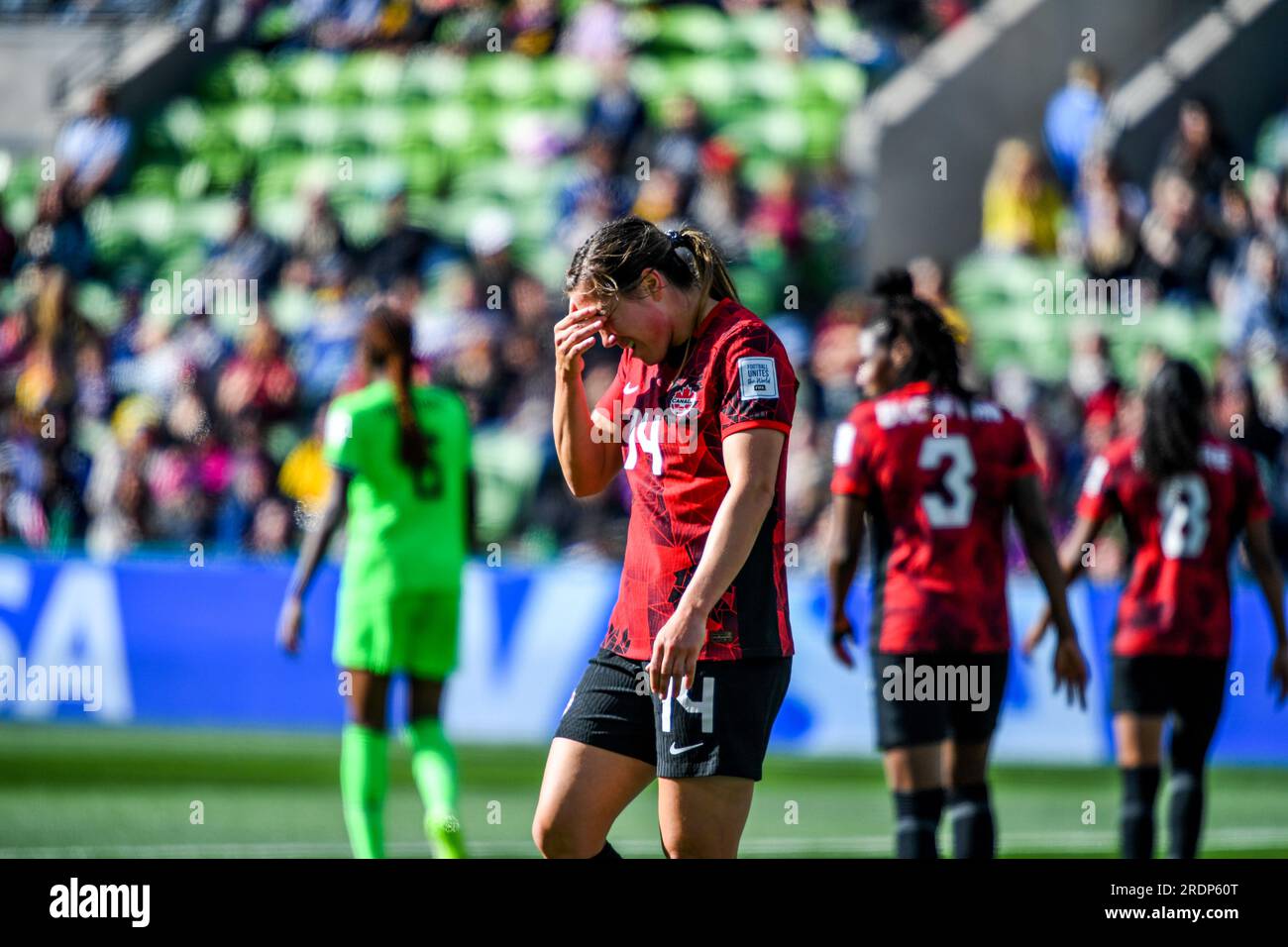 Melbourne, Australia. 21 luglio 2023. Vanessa Gilles (n.14) è vista durante la partita della Coppa del mondo femminile FIFA 2023 tra Nigeria e Canada al Melbourne Rectangular Stadium. Punteggio finale Nigeria 0:0 Canada (foto di Alexander Bogatyrev/SOPA Images/Sipa USA) credito: SIPA USA/Alamy Live News Foto Stock