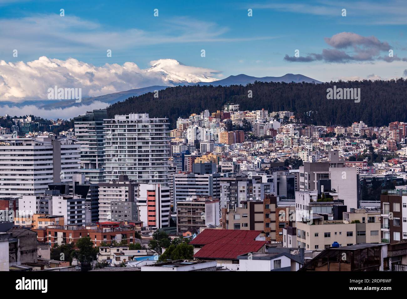 Edifici nella zona settentrionale della città di Quito con il vulcano Cayambe sullo sfondo Foto Stock