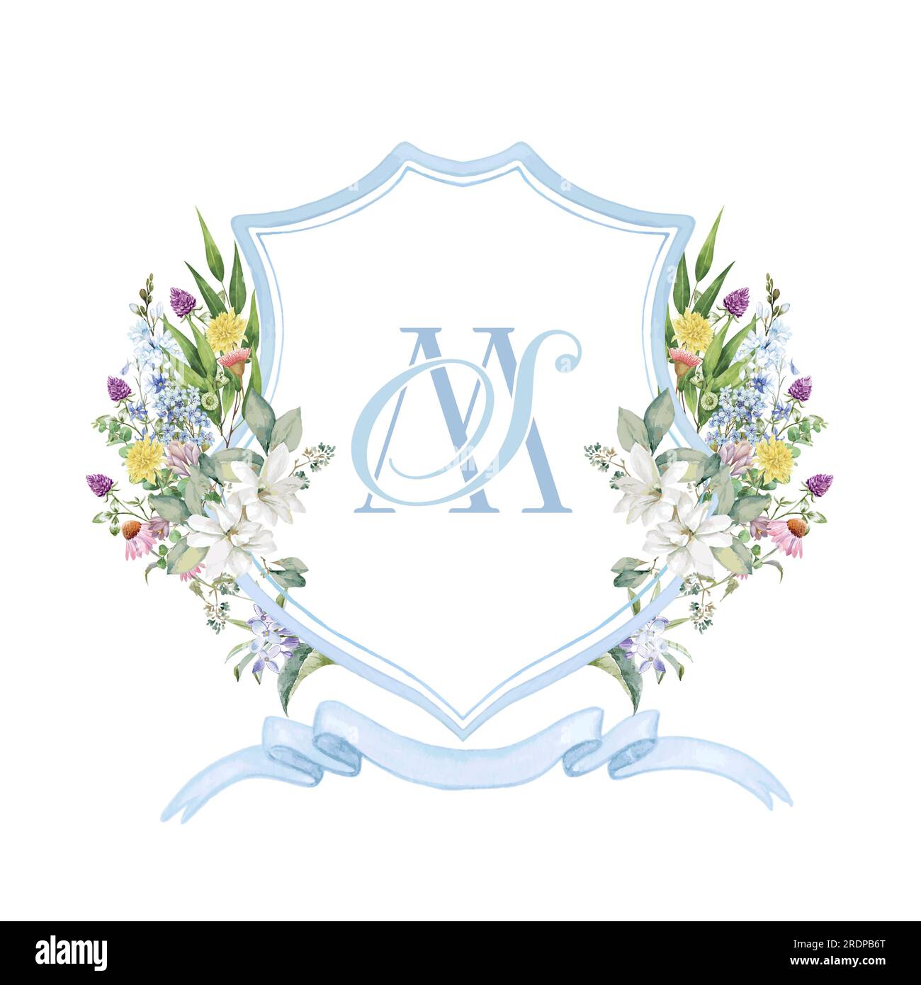 SM, MS disegno iniziale dello stemma nuziale color porpora chiaro dipinto a mano con eucalipto, lilla, garofano giallo e fiori selvatici Illustrazione Vettoriale