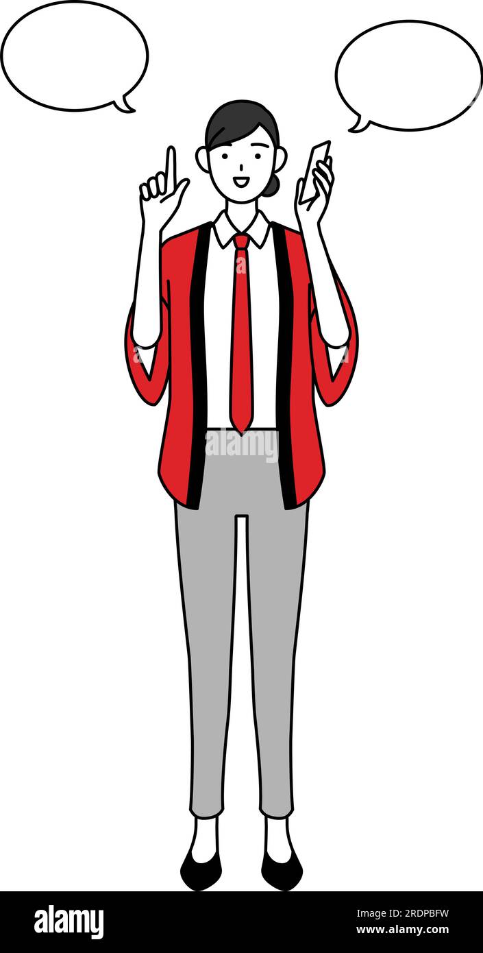 Donna che indossa un cappotto happi rosso che punta mentre è al telefono, Vector Illustration Illustrazione Vettoriale