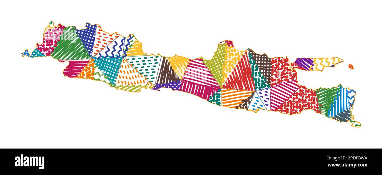 Mappa di Java in stile bambino. Poligoni disegnati a mano a forma di Java. Illustrazione vettoriale. Illustrazione Vettoriale