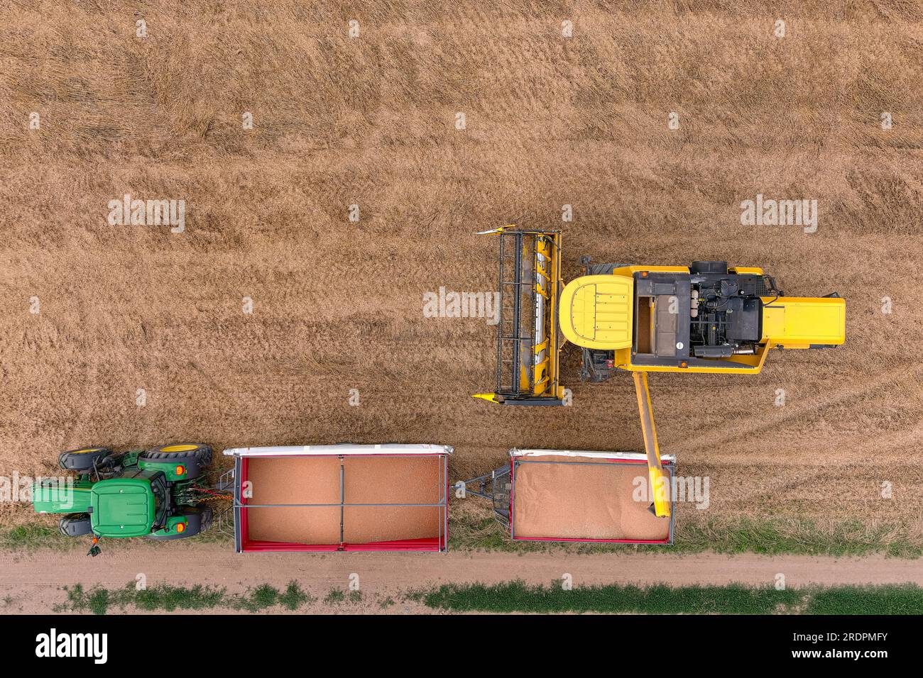 Mietitrice e trattore per la raccolta del frumento. Vista aerea dell'agricoltura Foto Stock